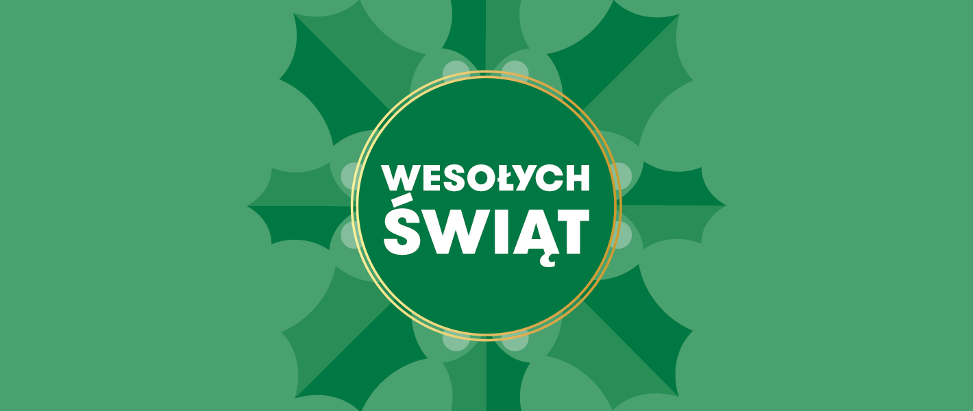 Wesołych Świąt Bożego Narodzenia w zielonym kółku ze złotym wykończeniem, na tle wzoru liści ostrokrzewu.