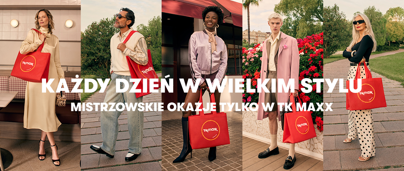 A lineup of five people standing outdoors and indoors in different stylish outfits, each carrying a large red TK Maxx shopping bag. Bold white text across the centre reads “EVERY DAY CAN BE ICONIC WITH A TK MAXX DEAL.” A red button below says “WATCH THE NEW AD.”