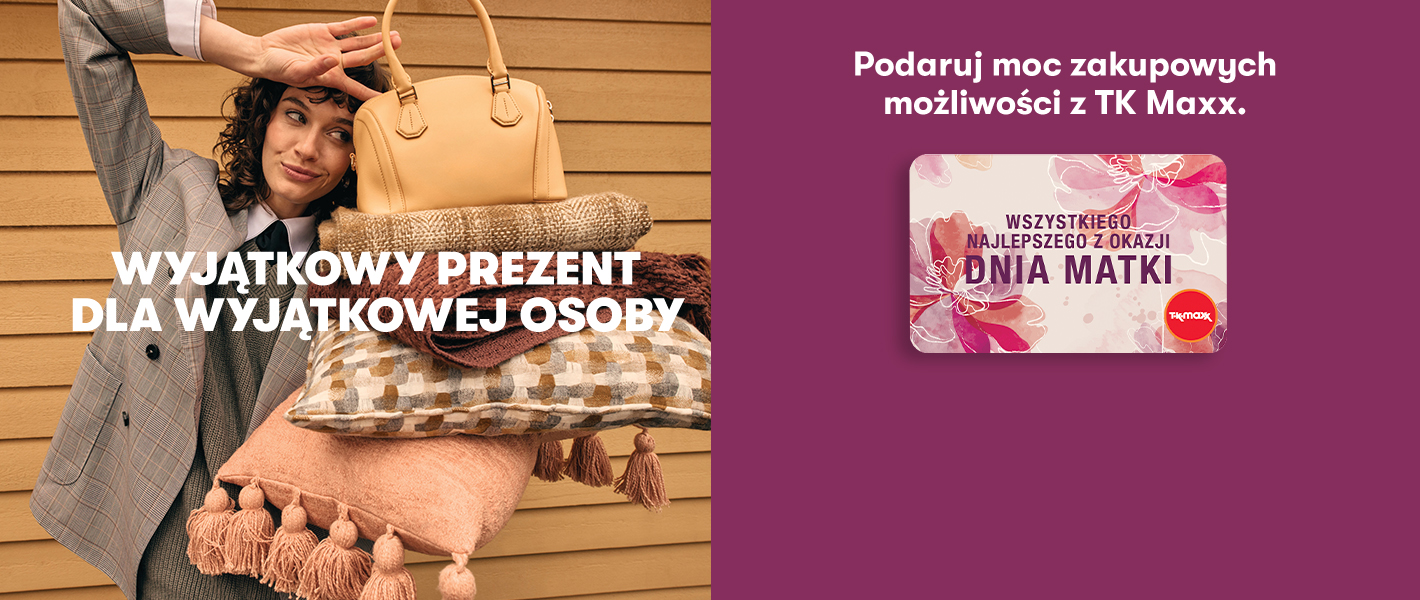 Dwie kobiety trzymają torebki po dwóch stronach karty upominkowej TK Maxx. Na grafice znajdują się napisy „WYJĄTKOWY PREZENT DLA WYJĄTKOWEJ OSOBY” i „KUP KARTĘ UPOMINKOWĄ”.